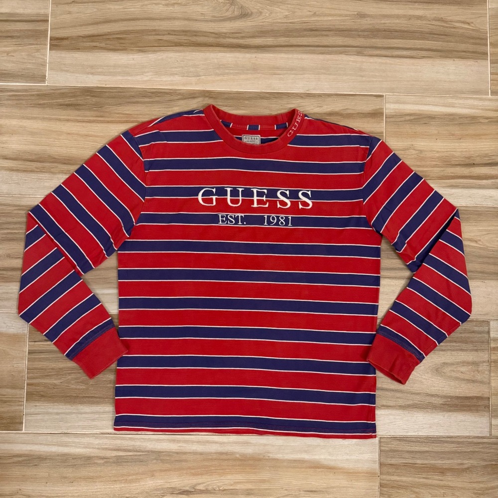 GUESS Jeans Striped Crewneck Tee Medium Red Navy Embroidered Spellout Logo Retro